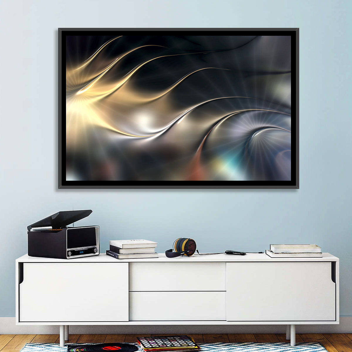 Luminous Metallic Wave Wall Art in a room, landscape