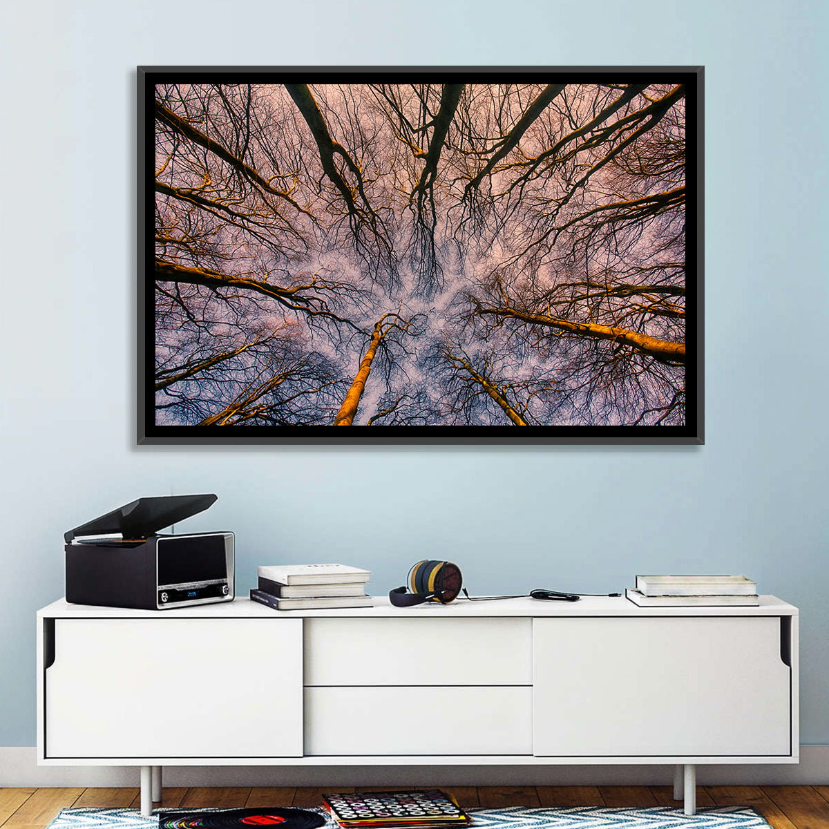 Misty Forest Canopy Wall Art in a room, landscape