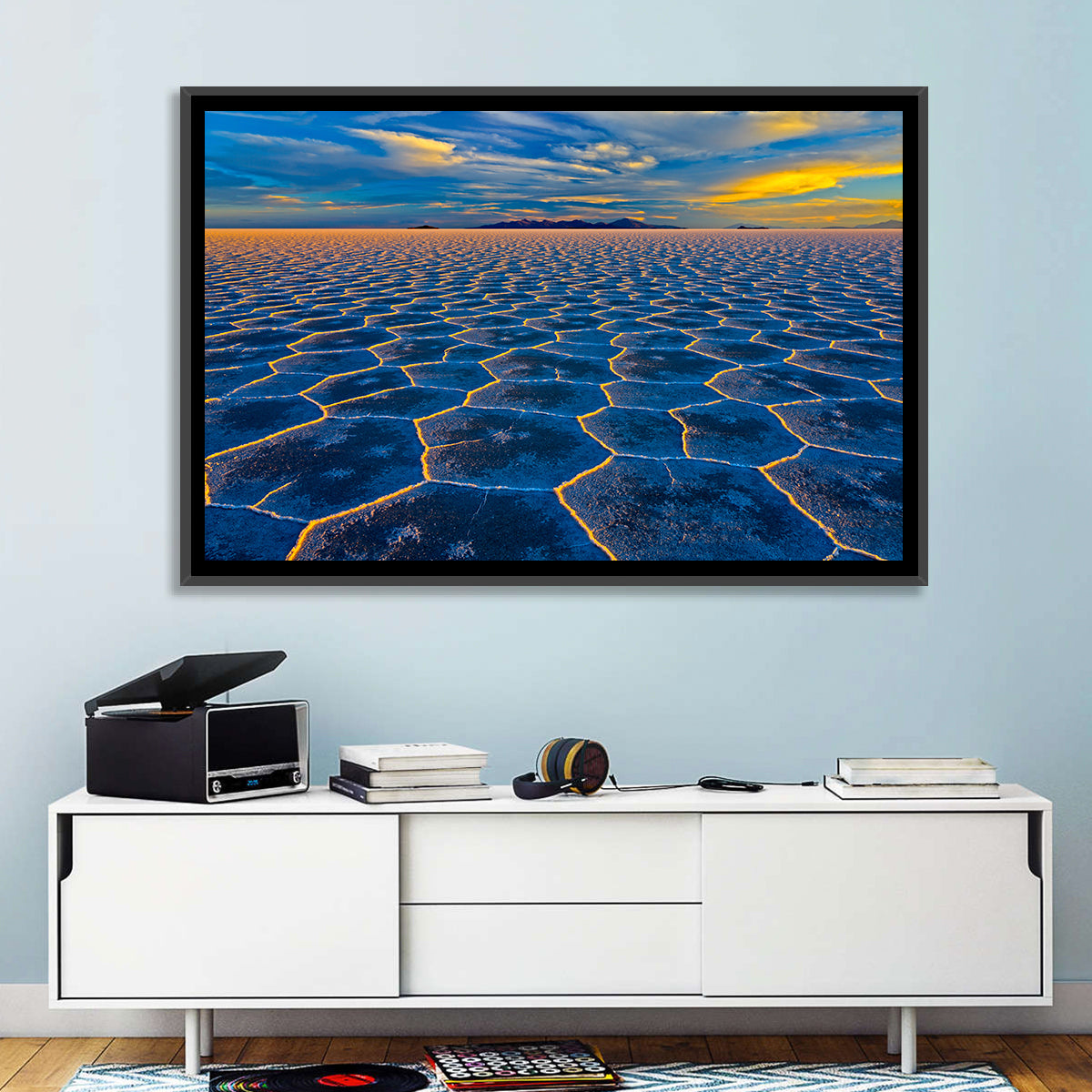 Salar De Uyuni Salt Flats at Sunset Wall Art in a room, landscape