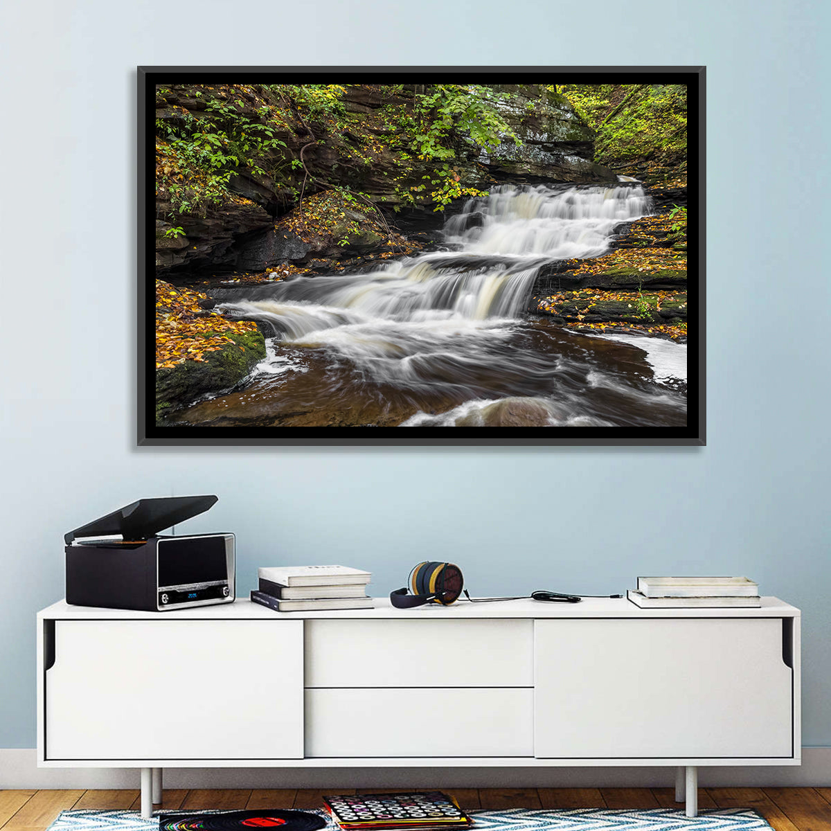 Cascading Autumn Waterfall Wall Art in a room, landscape
