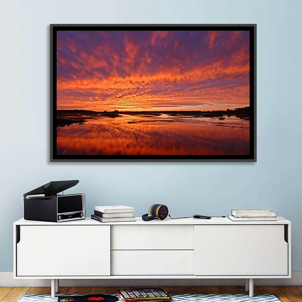 Louisiana Wetland Sunset Wall Art in a room, landscape