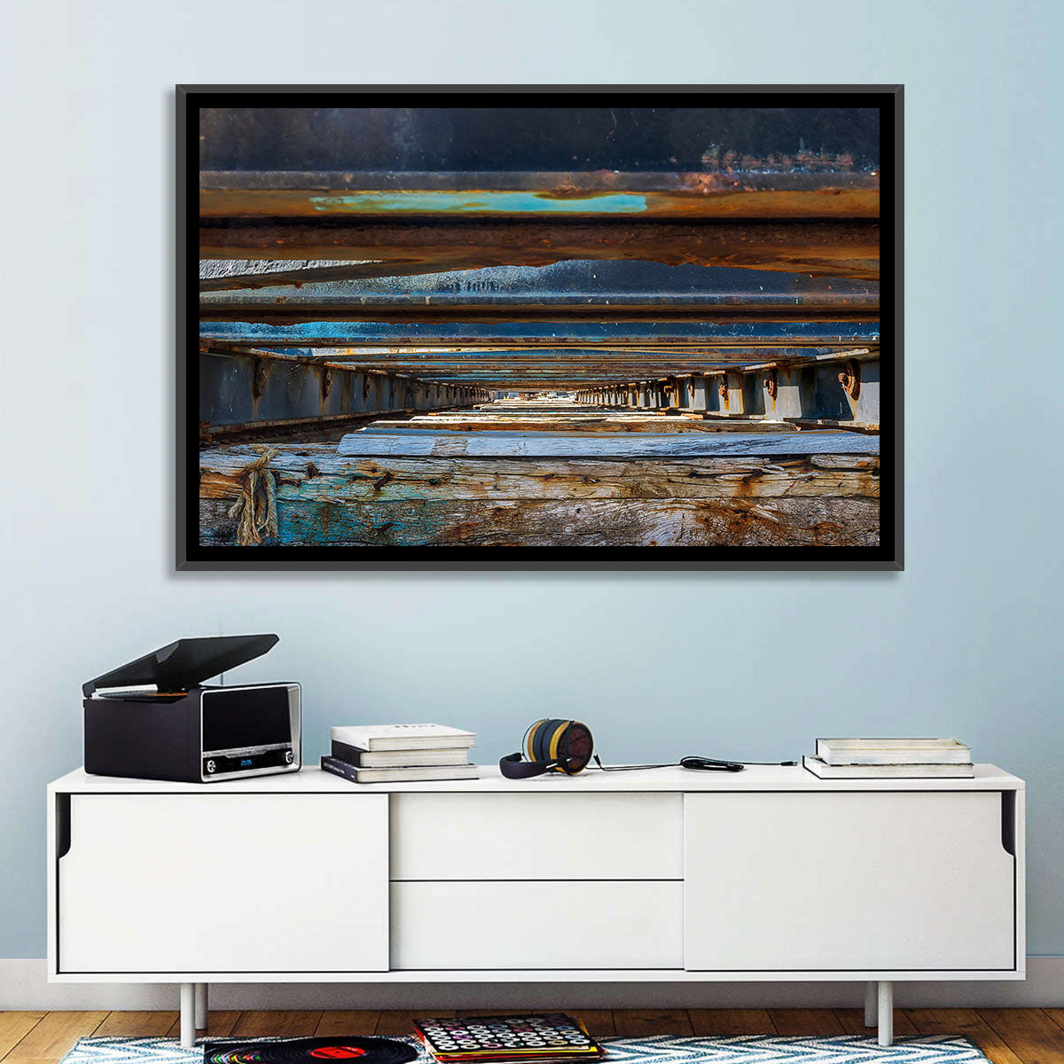 Weathered Dock Perspective Wall Art in a room, landscape