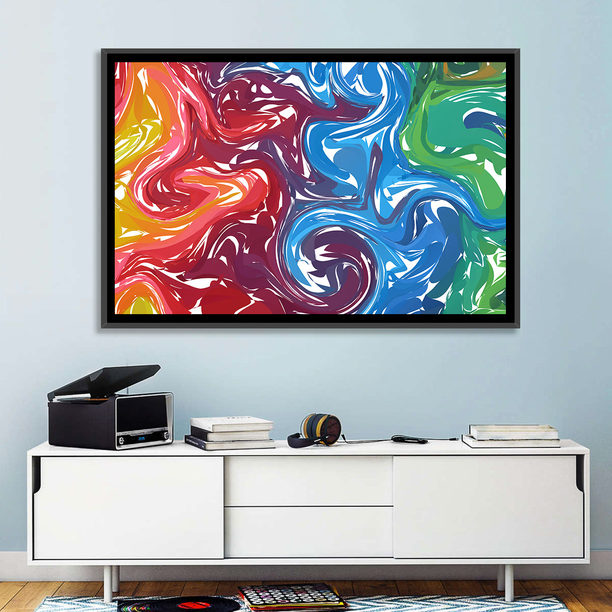 Marbled Color Flow Abstract Wall Art in a room, landscape