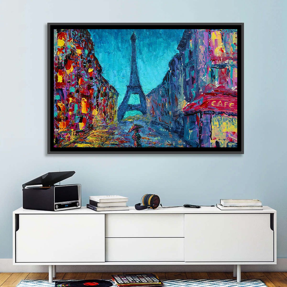 Rainy Paris Street with Eiffel Tower Wall Art in a room, landscape