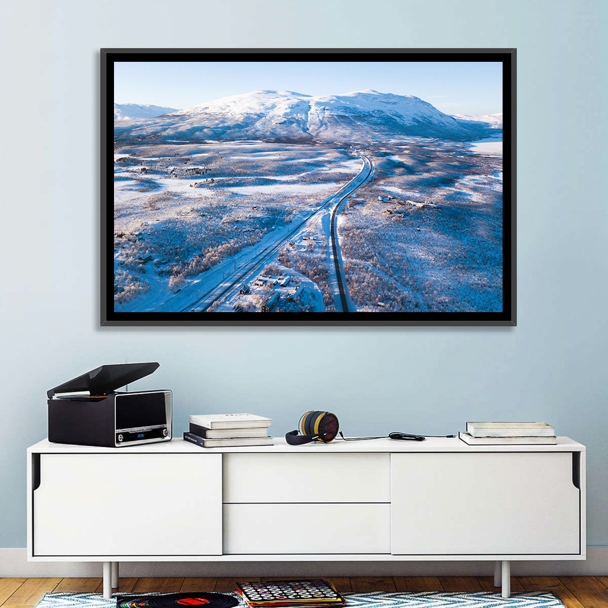 Snowy Valley with Parallel Tracks Wall Art in a room, landscape