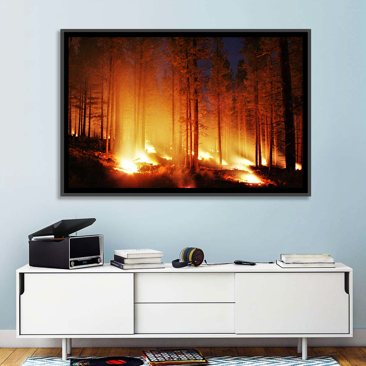 Night Forest Fire Wall Art in a room, landscape