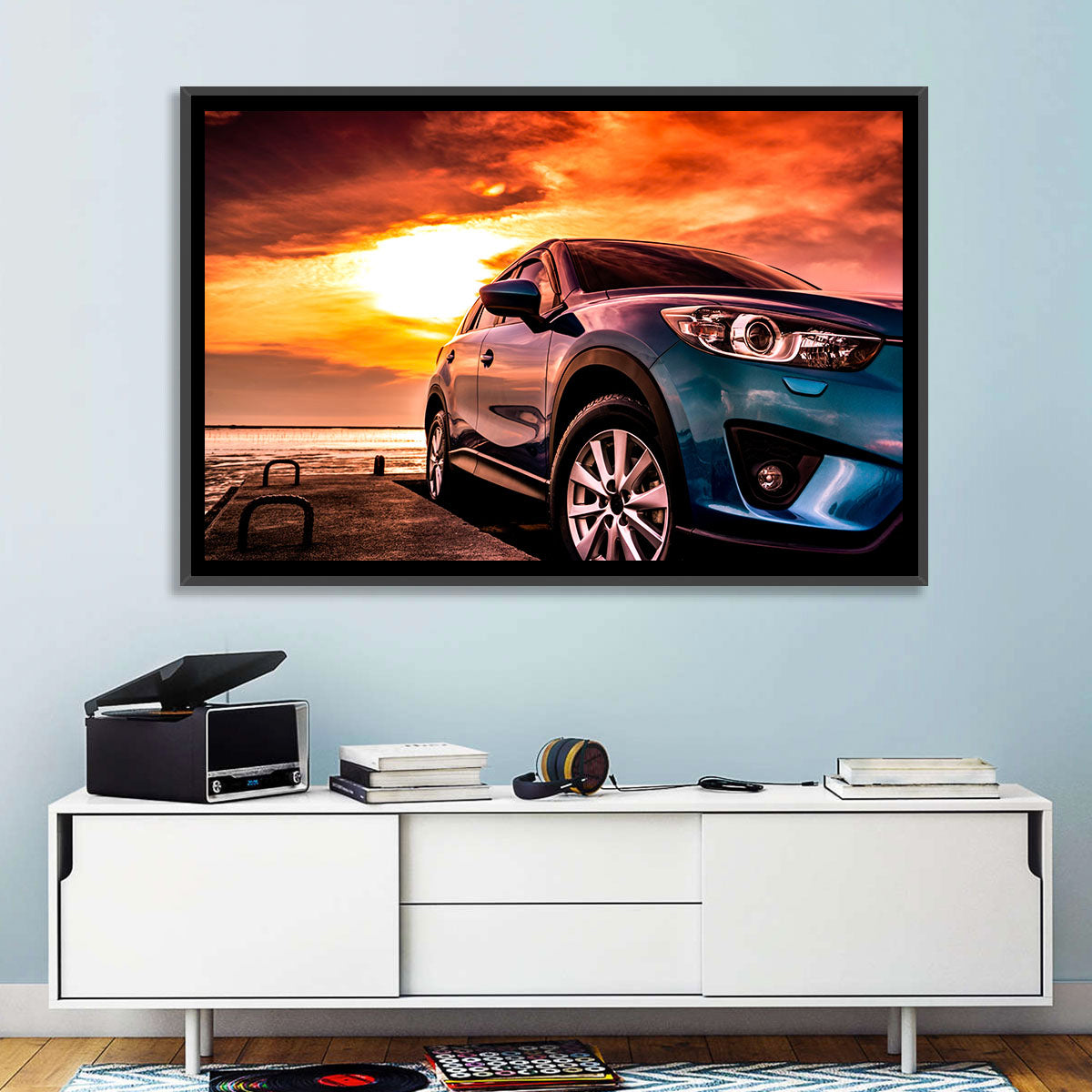 Suv on Pier at Sunset Wall Art in a room, landscape