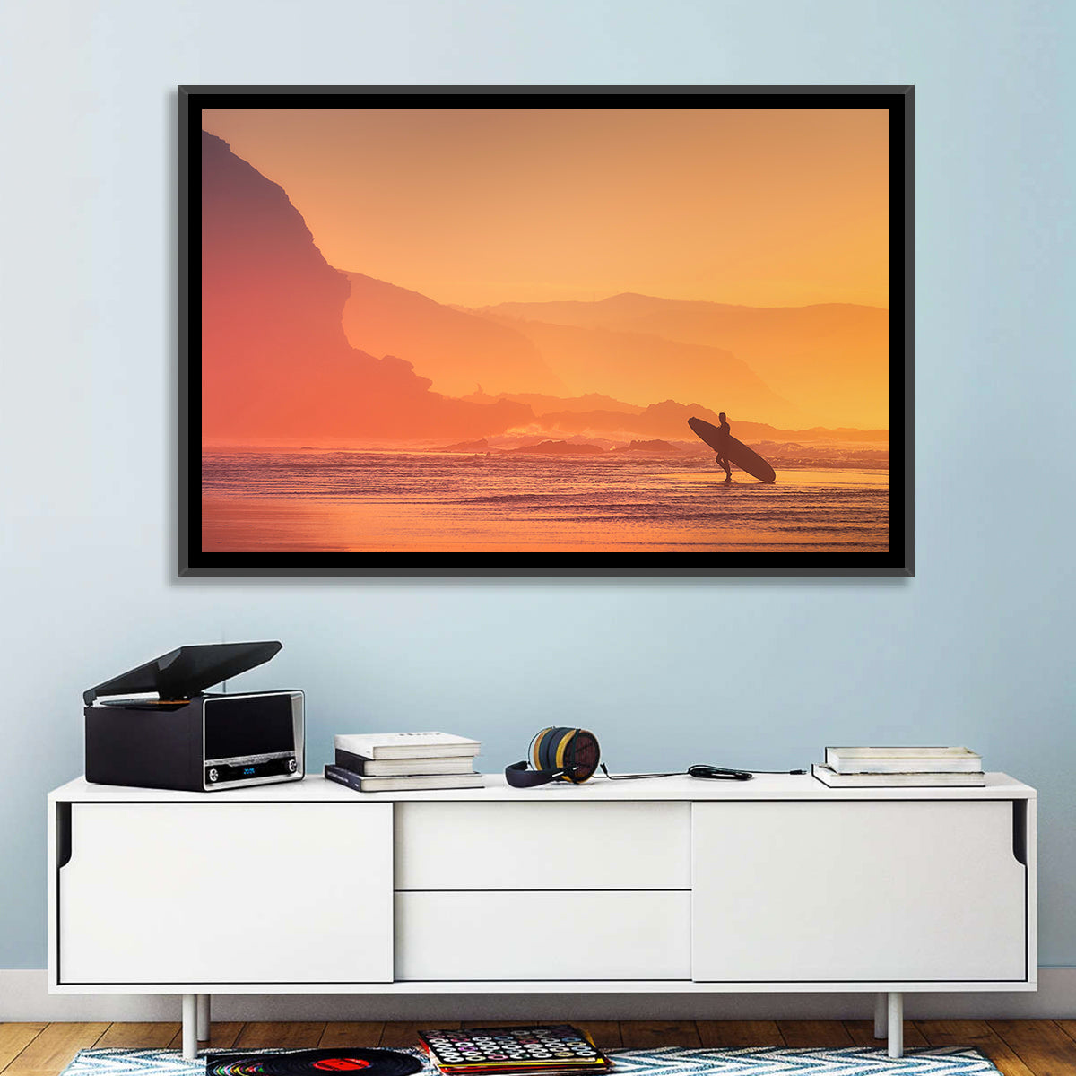 Surfer Silhouette at Golden Sunset Wall Art in a room, landscape