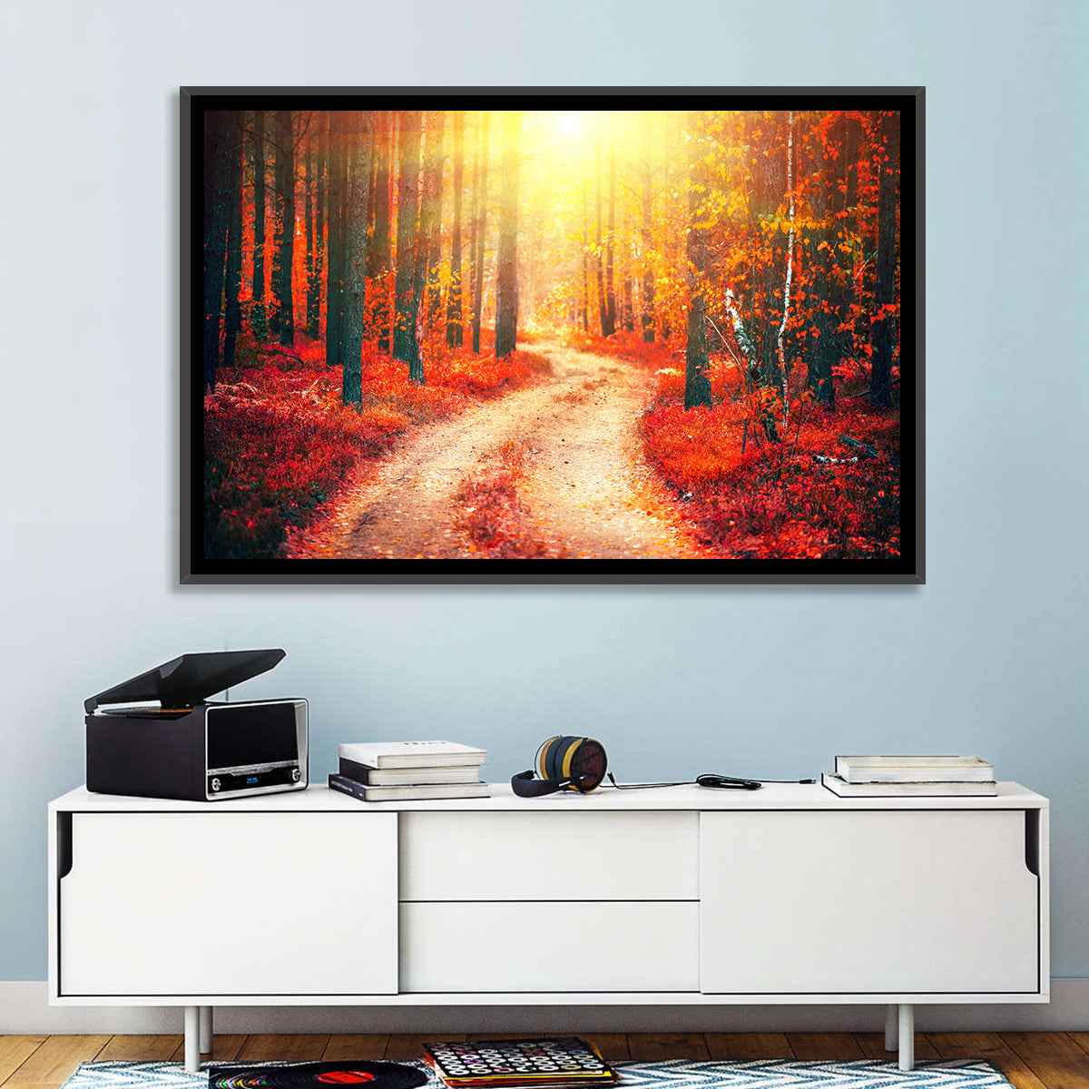 Golden Path Through Autumn Woods Wall Art in a room, landscape