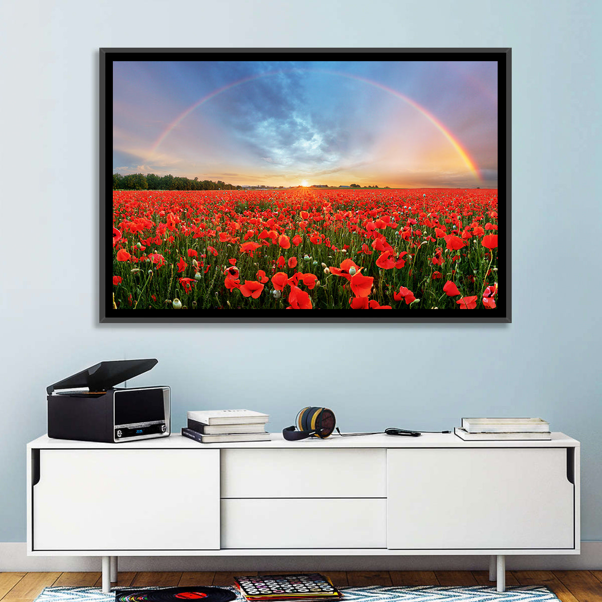 Poppy Field with Double Rainbow Wall Art in a room, landscape