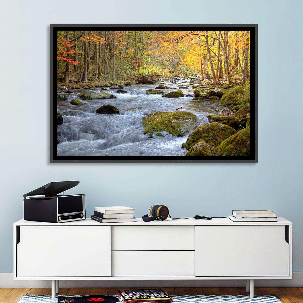 Autumn Mountain Stream Wall Art in a room, landscape