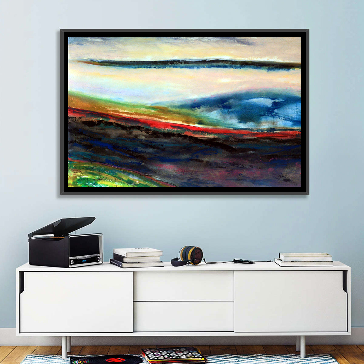 Moody Horizon Stripe Abstract Landscape Wall Art in a room, landscape