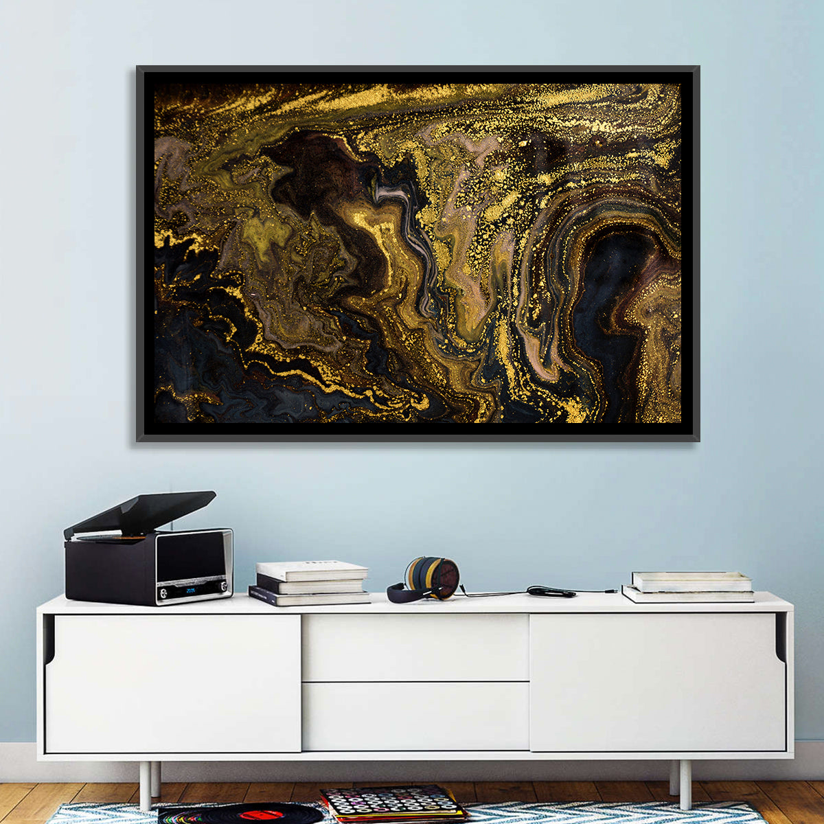 Black and Gold Marble Abstraction Wall Art in a room, landscape