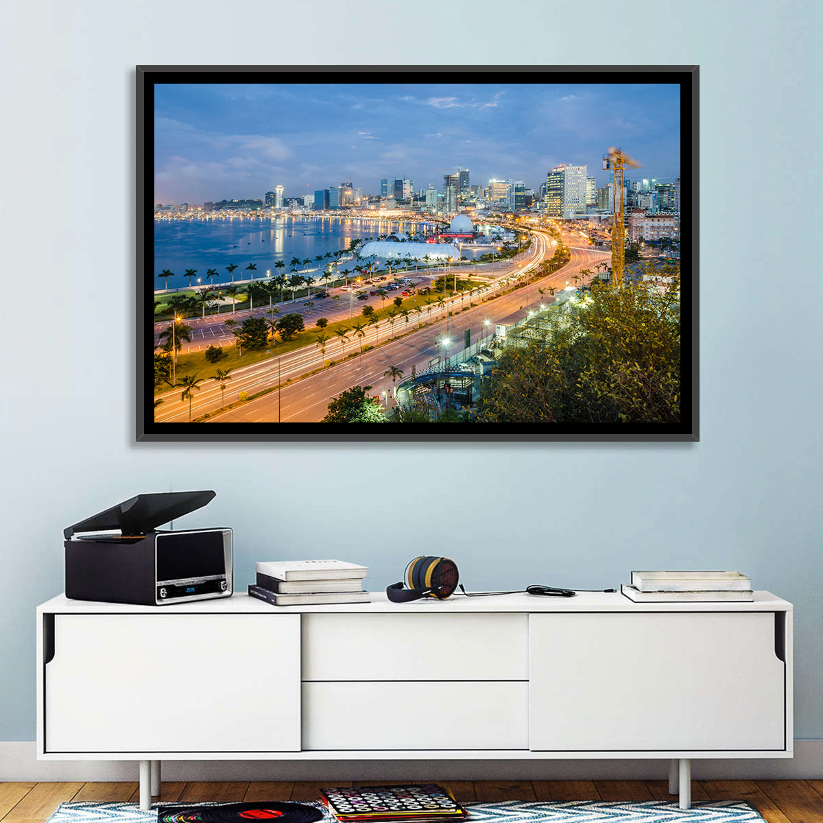 Luanda Bay Twilight Skyline Wall Art in a room, landscape