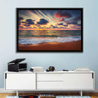 Golden Hour Beach Waves Under Cloudy Sky Wall Art
