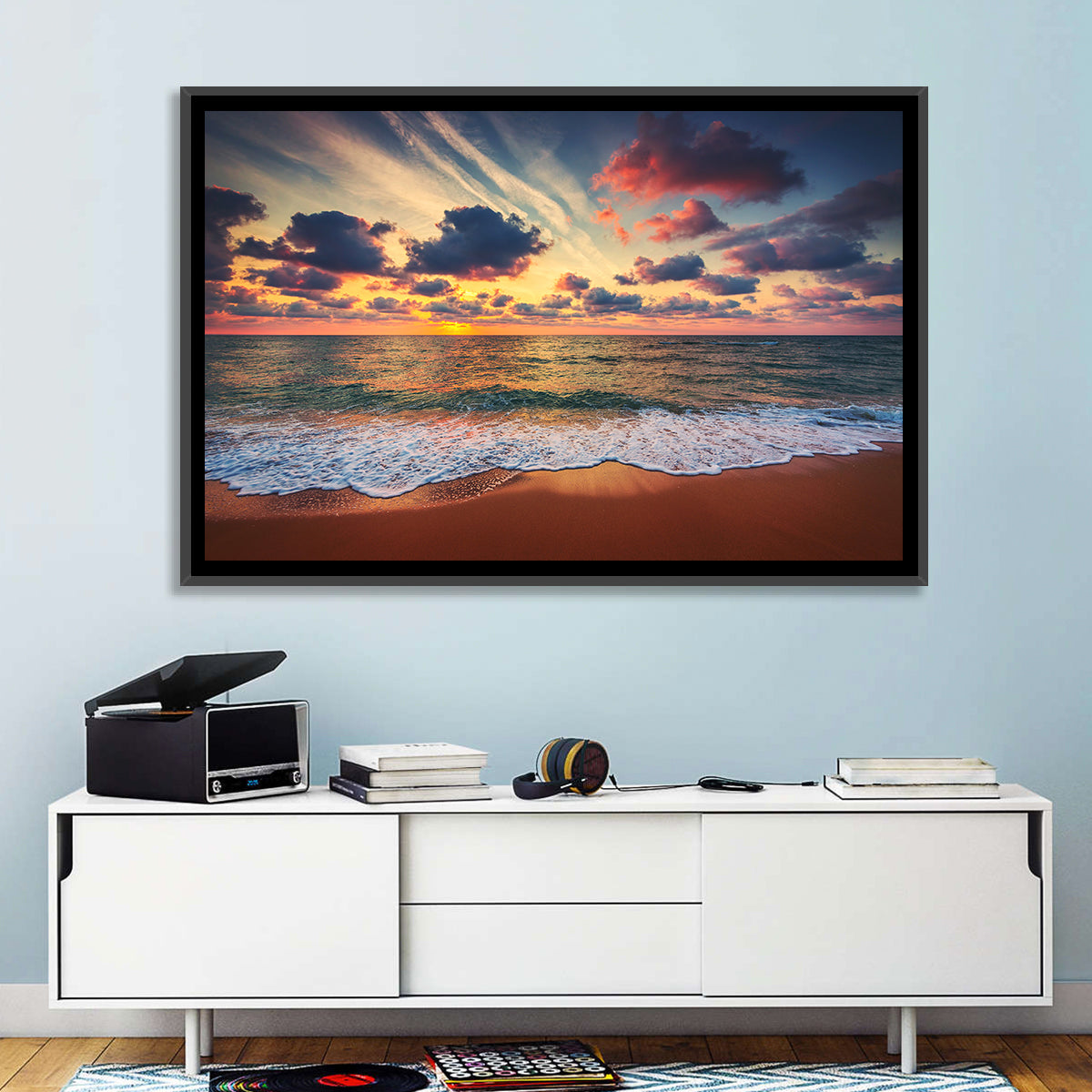 Golden Hour Beach Waves Under Cloudy Sky Wall Art