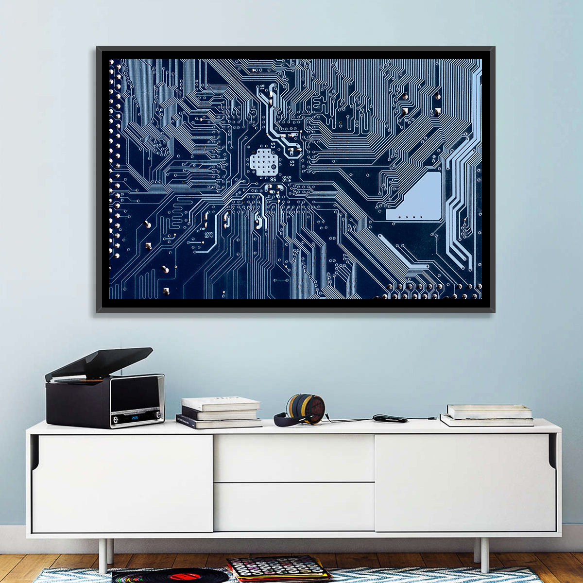 Blue Circuit Board Wall Art in a room, landscape