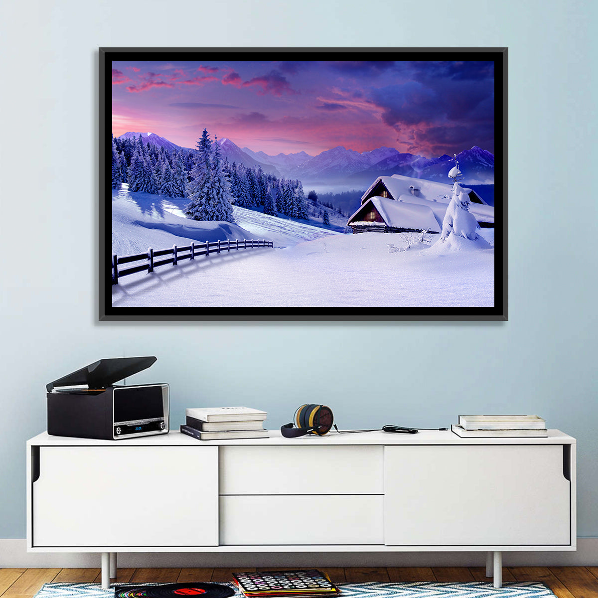 Snowy Mountain Cabin Wall Art in a room, landscape