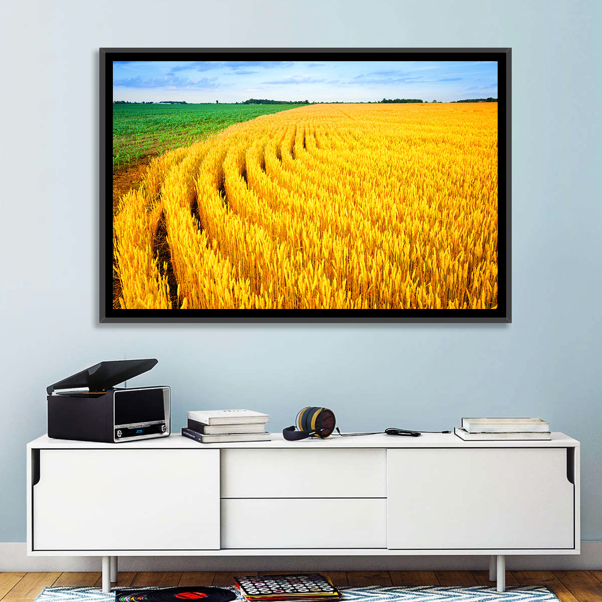 Summer Wheat Field with Curved Paths Wall Art in a room, landscape