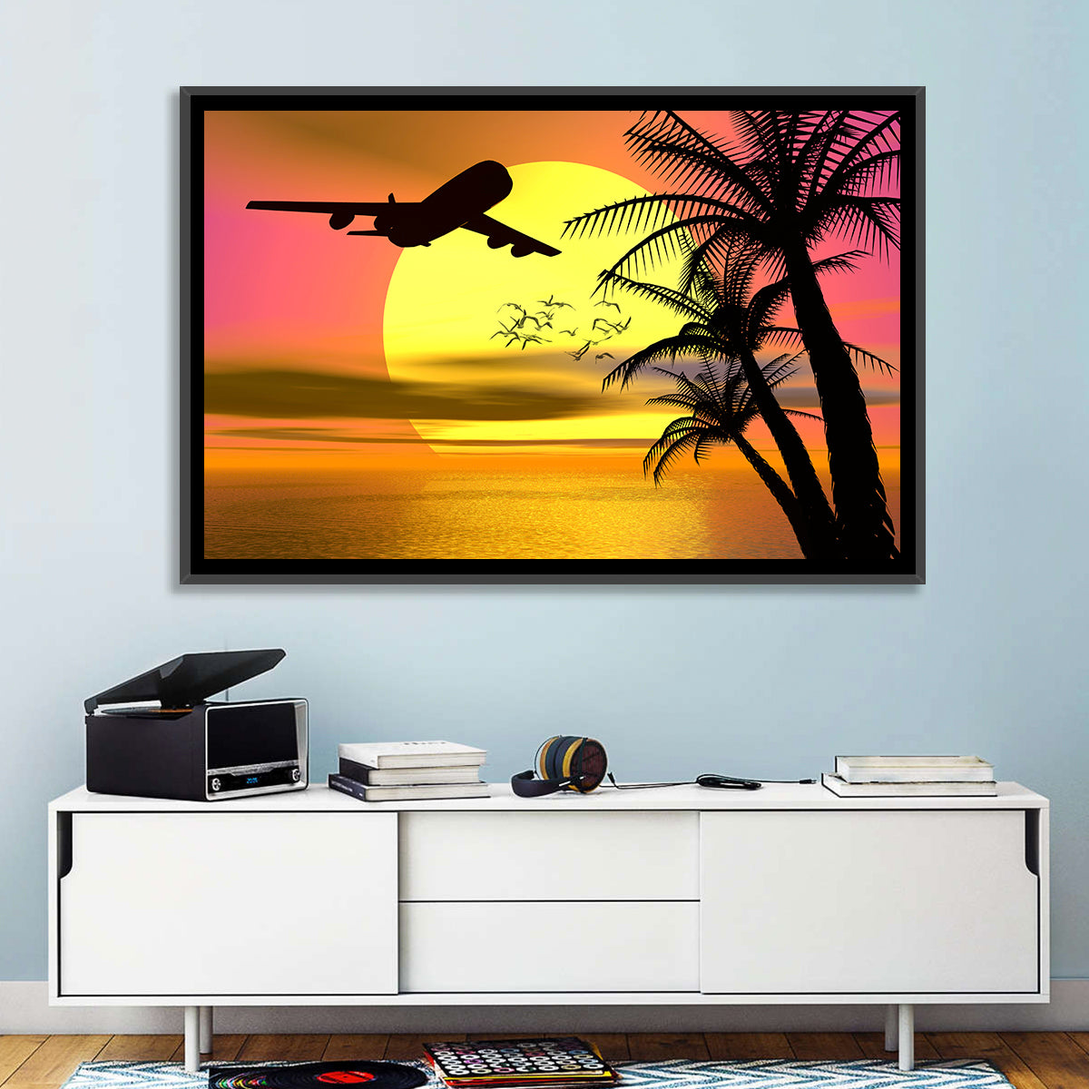 Wide-body Airplane Over Caribbean Dusk Wall Art in a room, landscape