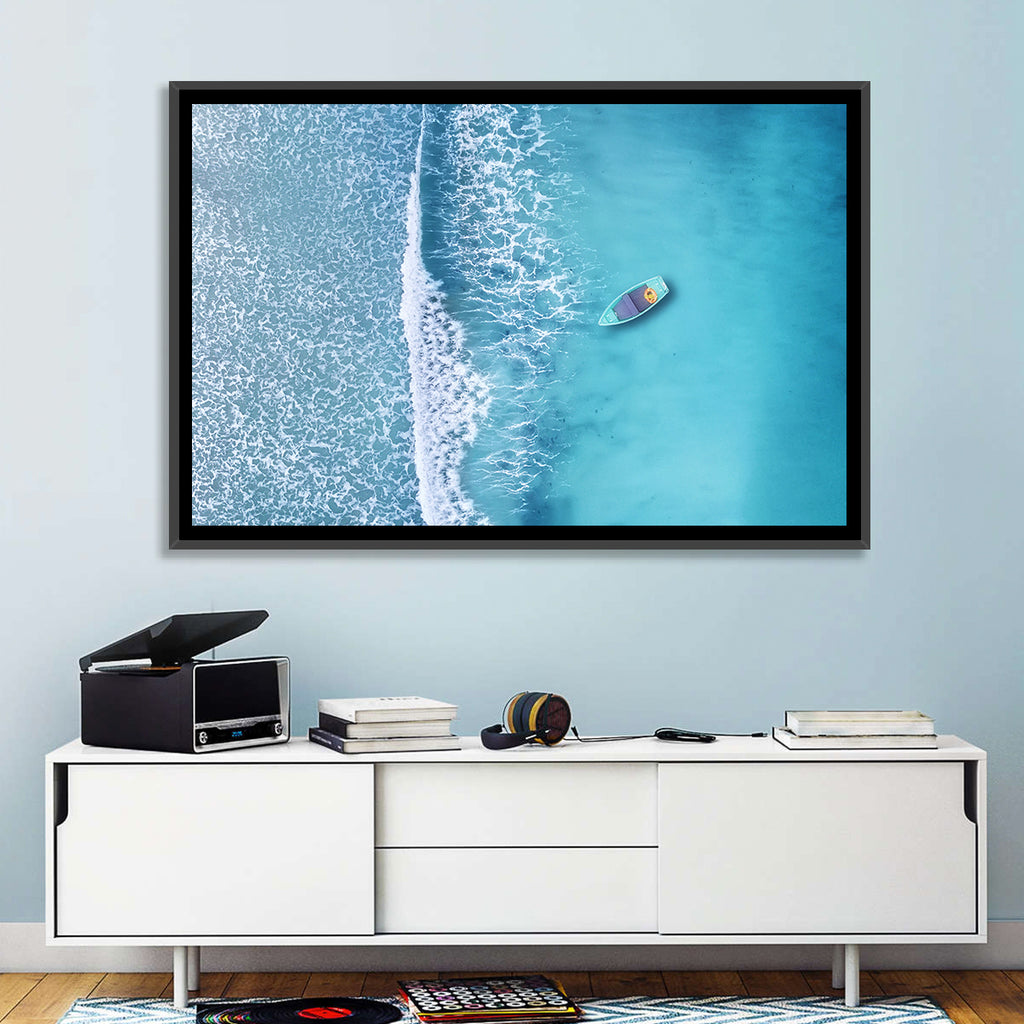 Lone Boat Over Turquoise Waves Wall Art