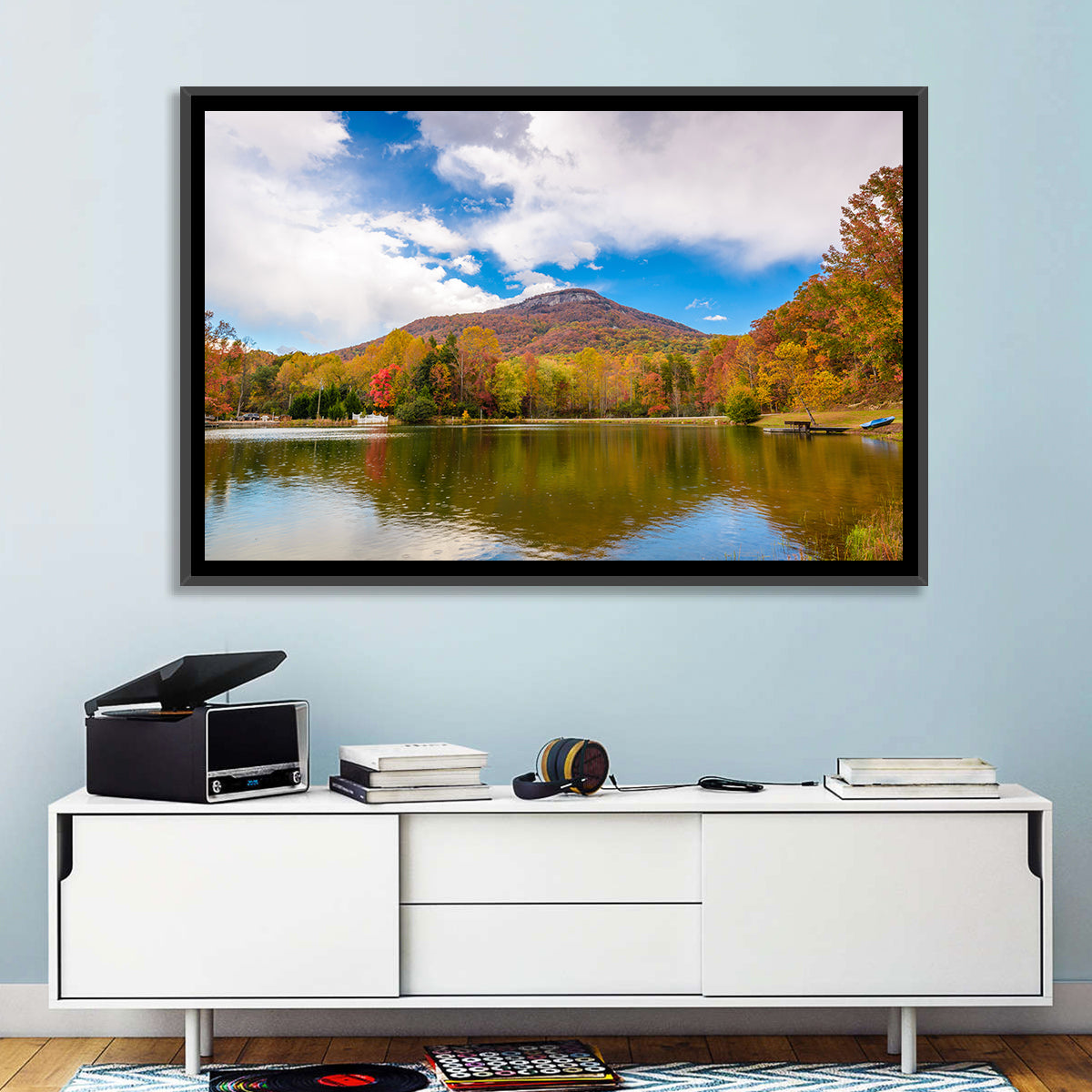 Yonah Mountain Autumn Reflection Wall Art in a room, landscape