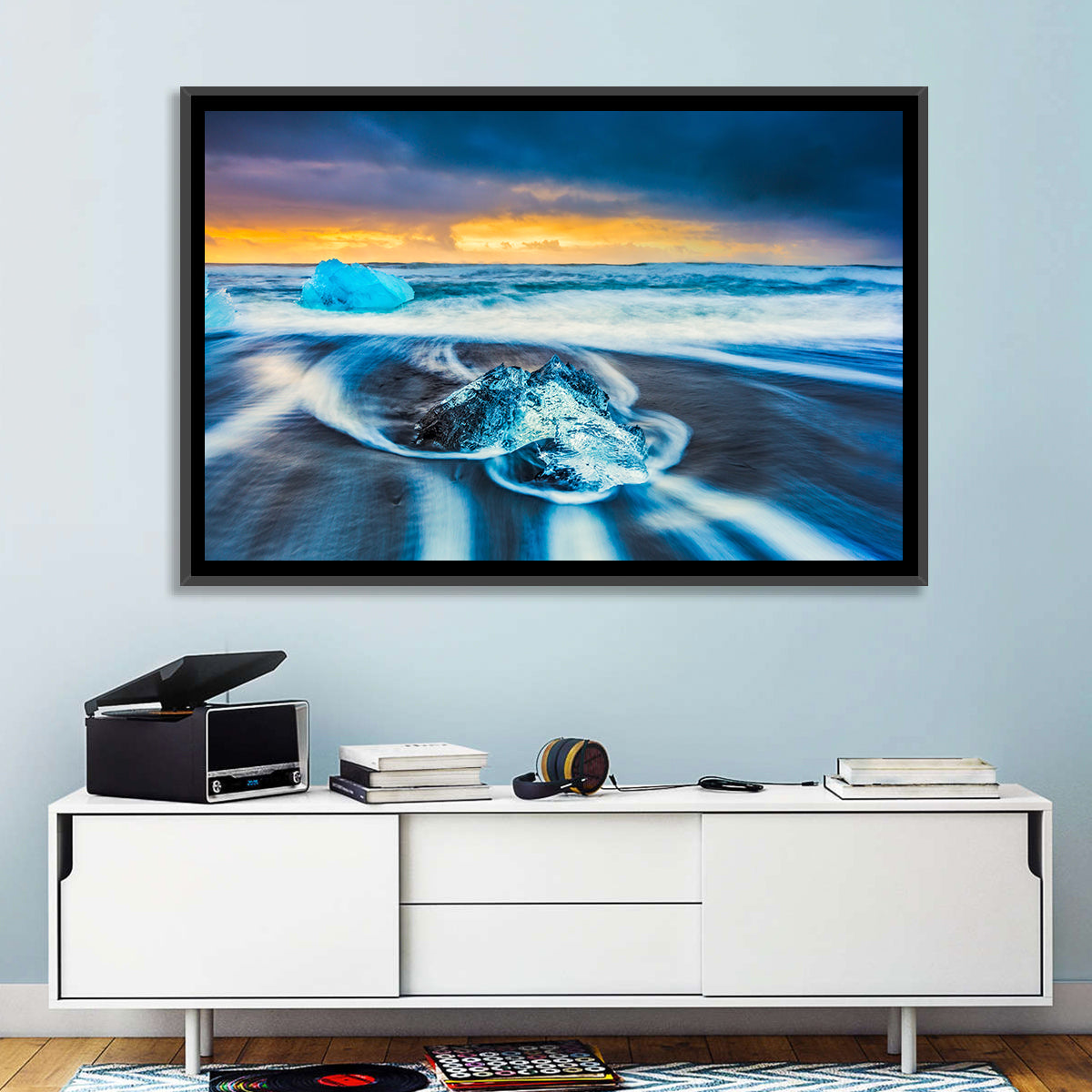 Diamond Beach Ice at Dusk Wall Art in a room, landscape