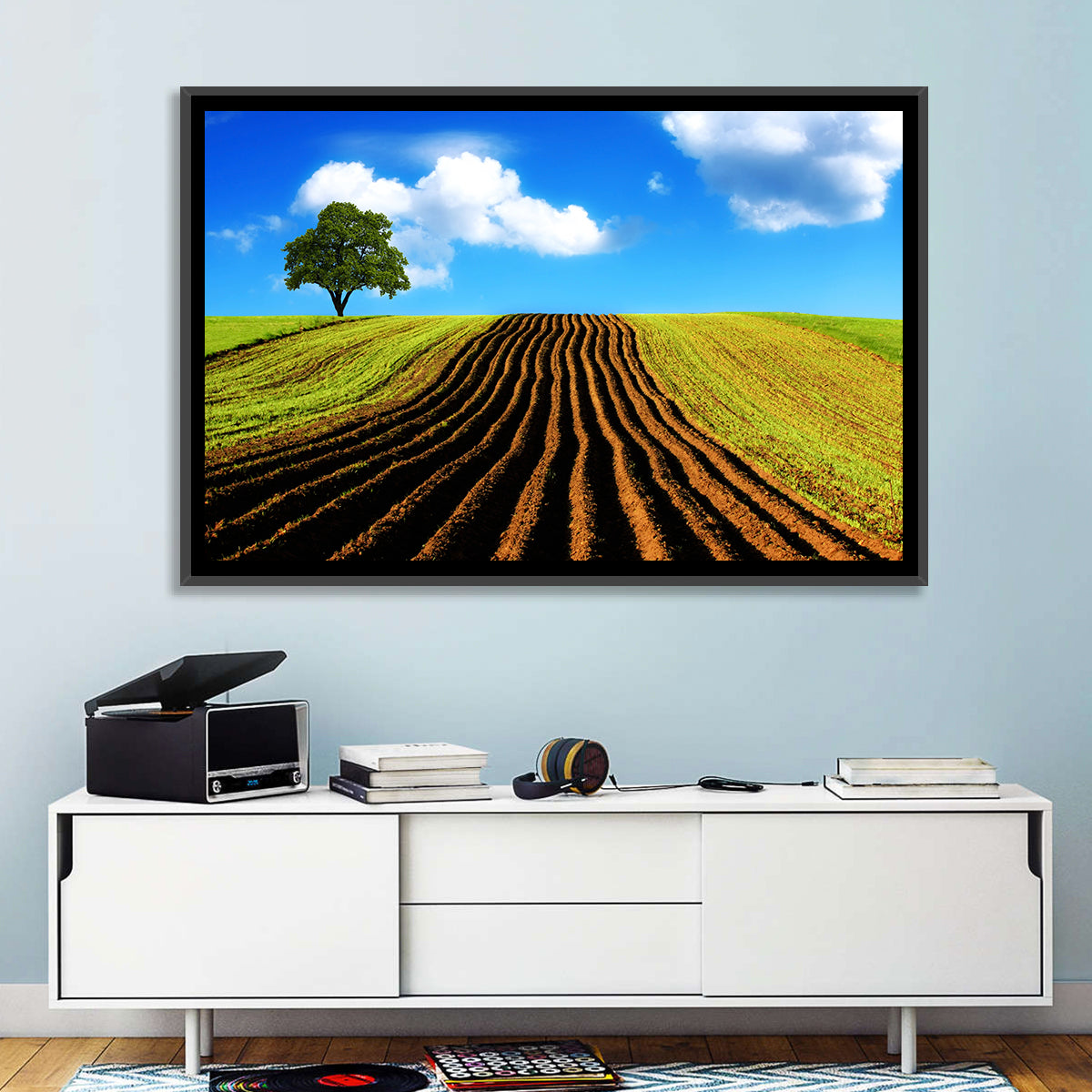 Plowed Field with Lone Tree Wall Art in a room, landscape