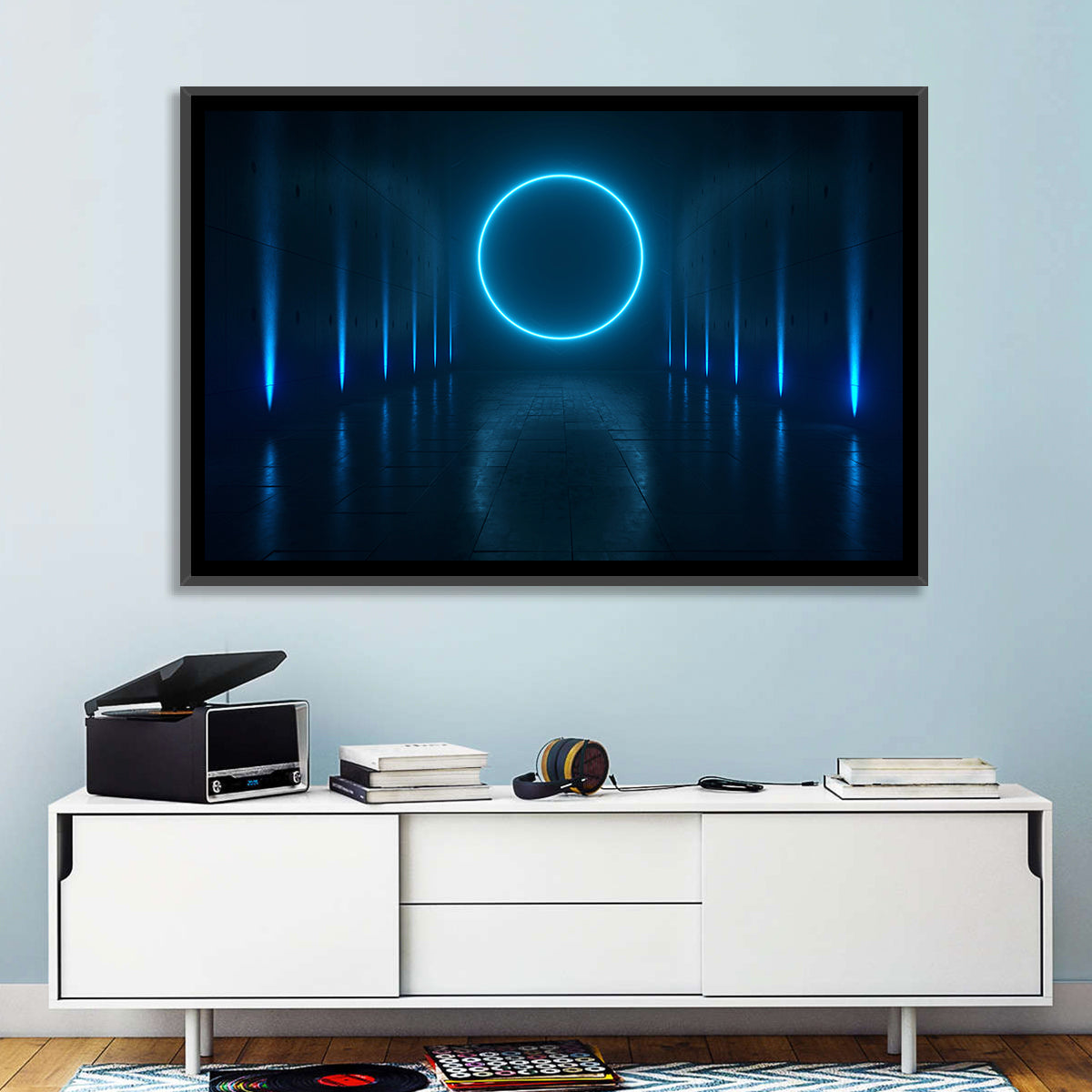 Glowing Neon Corridor Wall Art in a room, landscape