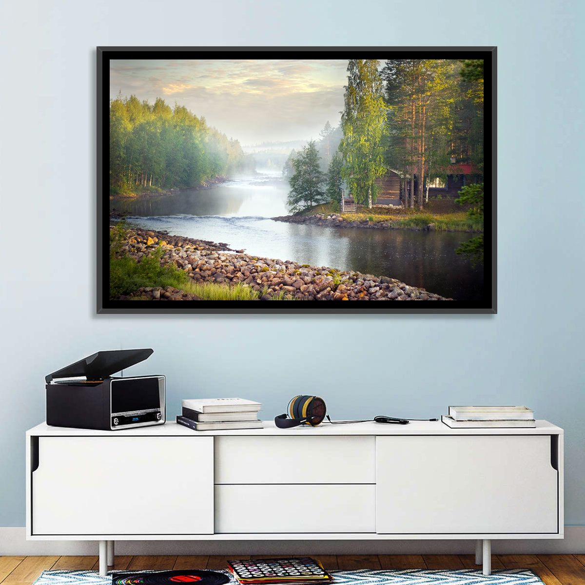 Misty River with Red Roof Cabin Wall Art