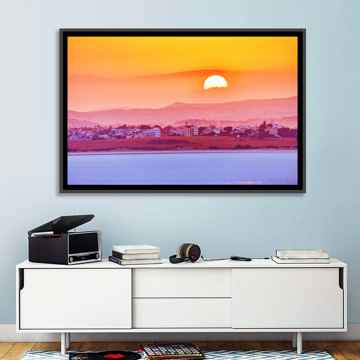 Golden Salt Lake Sunset Wall Art in a room, landscape