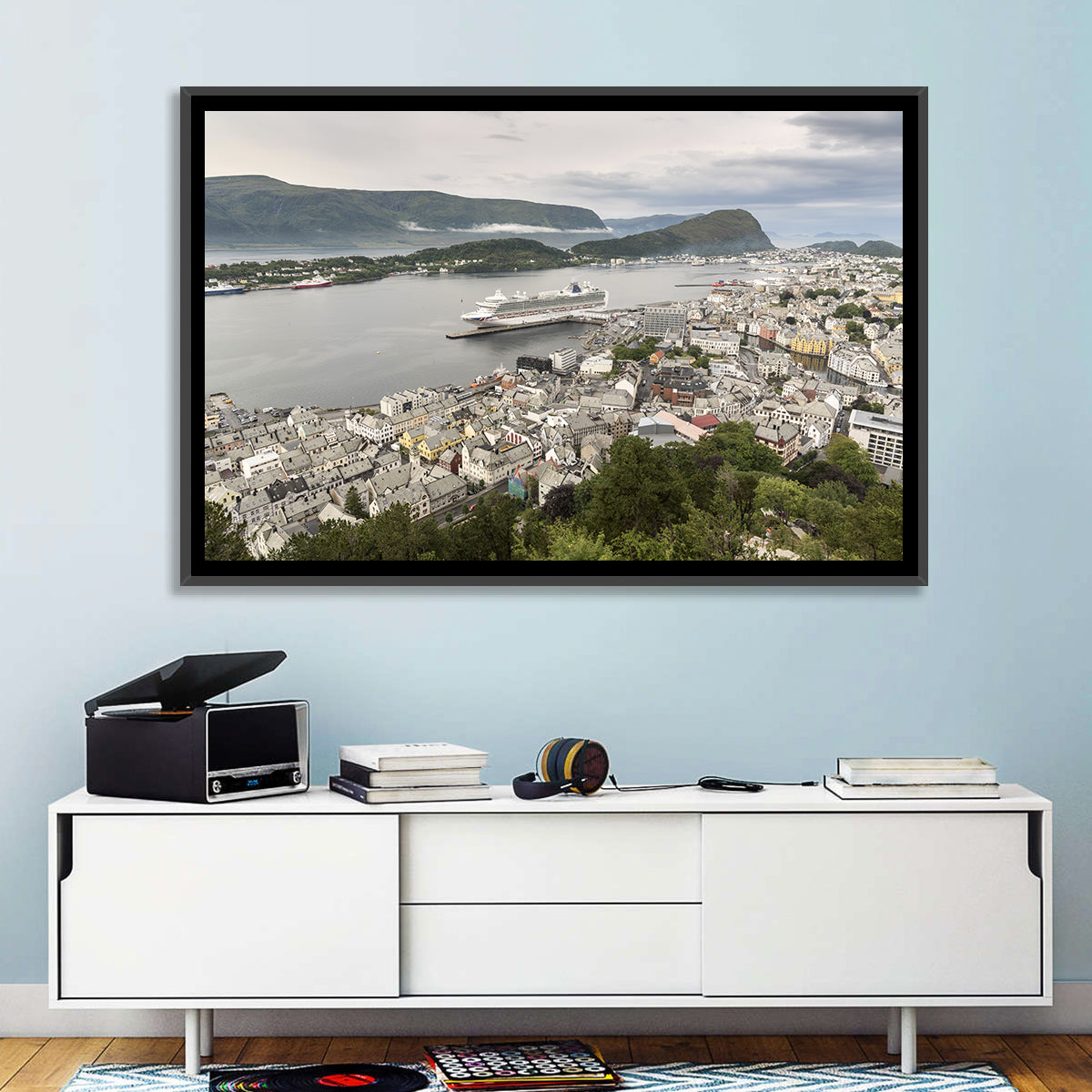 Alesund Harbor Cityscape Wall Art in a room, landscape
