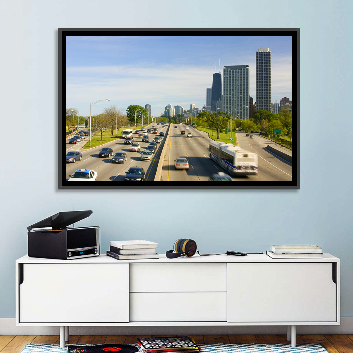 Chicago Expressway Toward Downtown Skyline Wall Art in a room, landscape