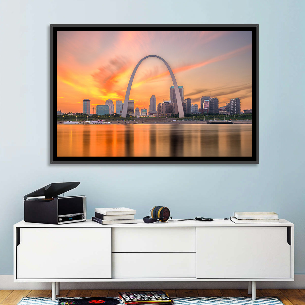 St. Louis Gateway Arch Skyline Wall Art in a room, landscape