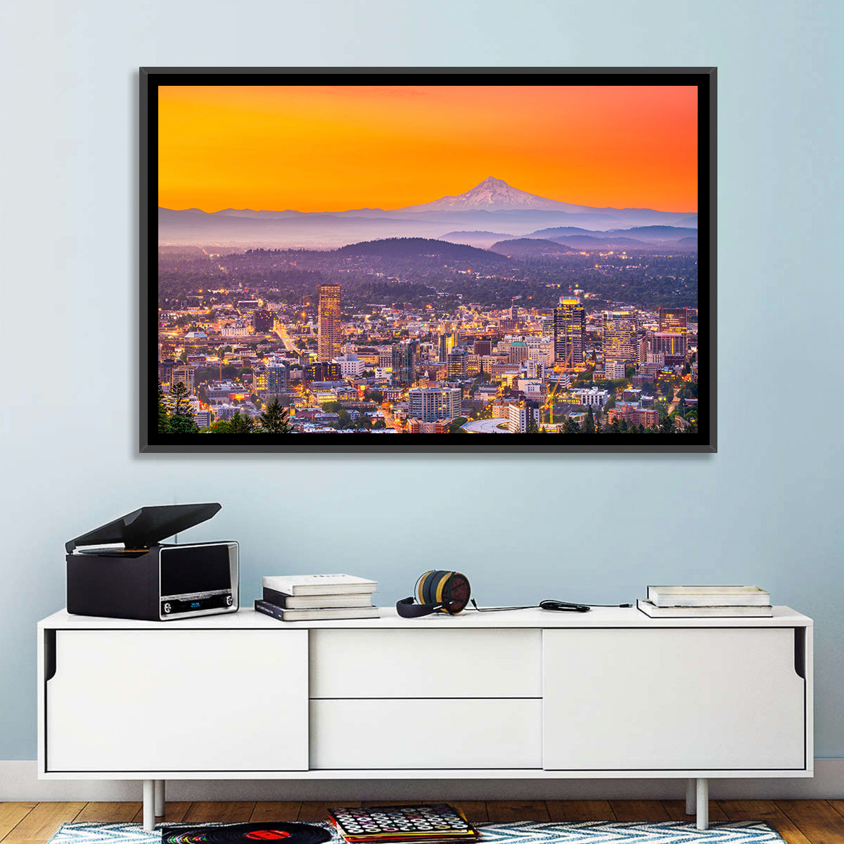 Mount Hood Over Portland Skyline Wall Art in a room, landscape