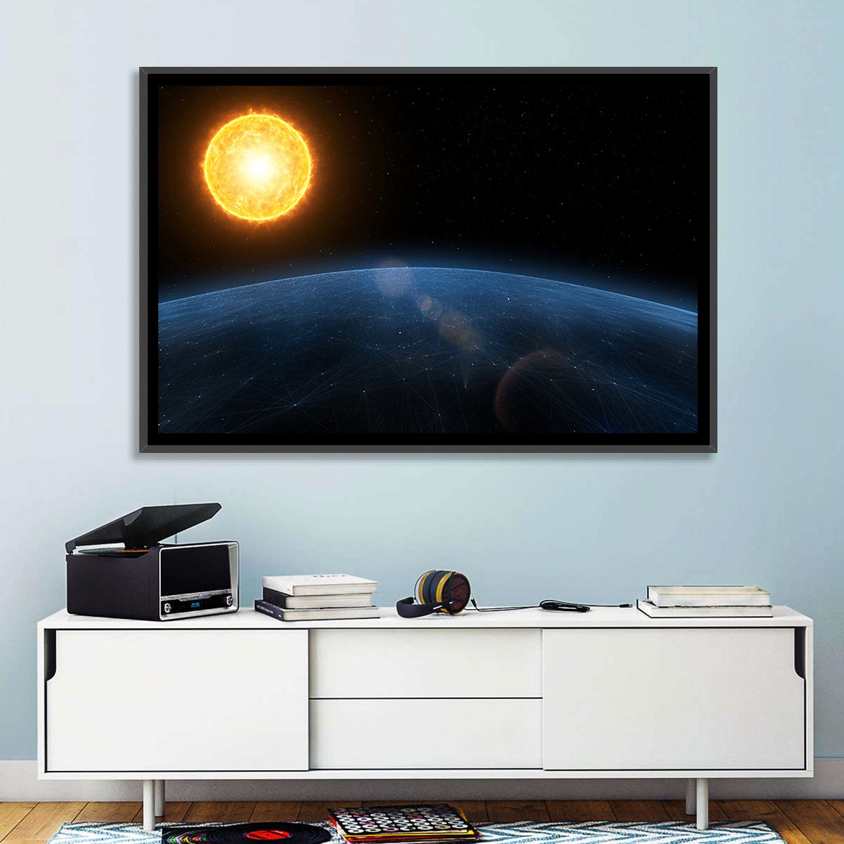Alien Planet and Sun Wall Art in a room, landscape