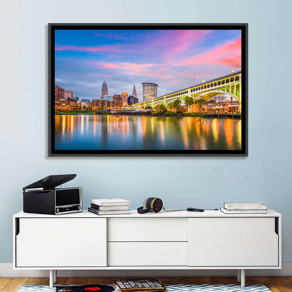 Cleveland Skyline at Dusk Wall Art in a room, landscape