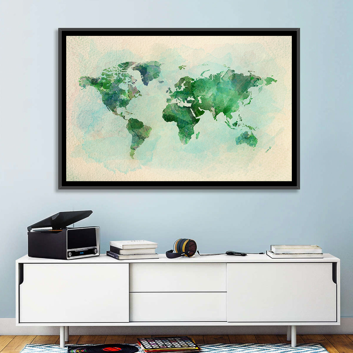 Green Watercolor World Map Wall Art