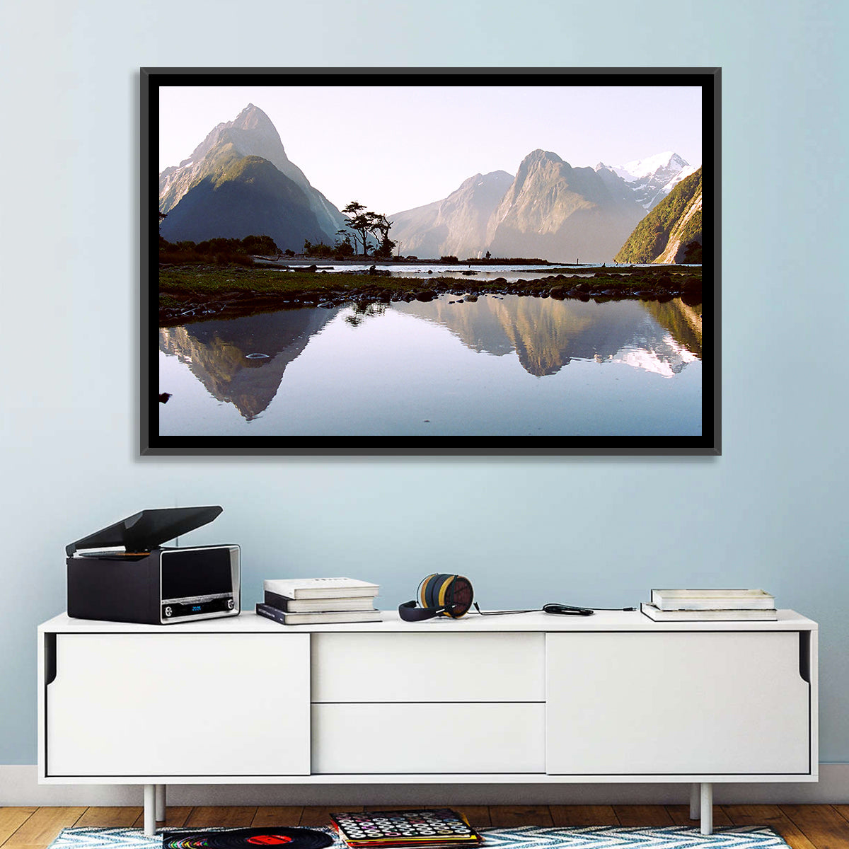 Mitre Peak Reflection at Milford Sound Wall Art in a room, landscape