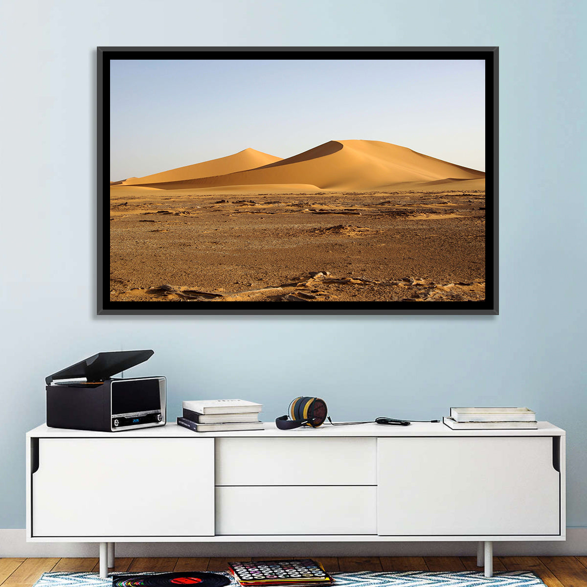 Golden Hour Desert Dunes Wall Art in a room, landscape