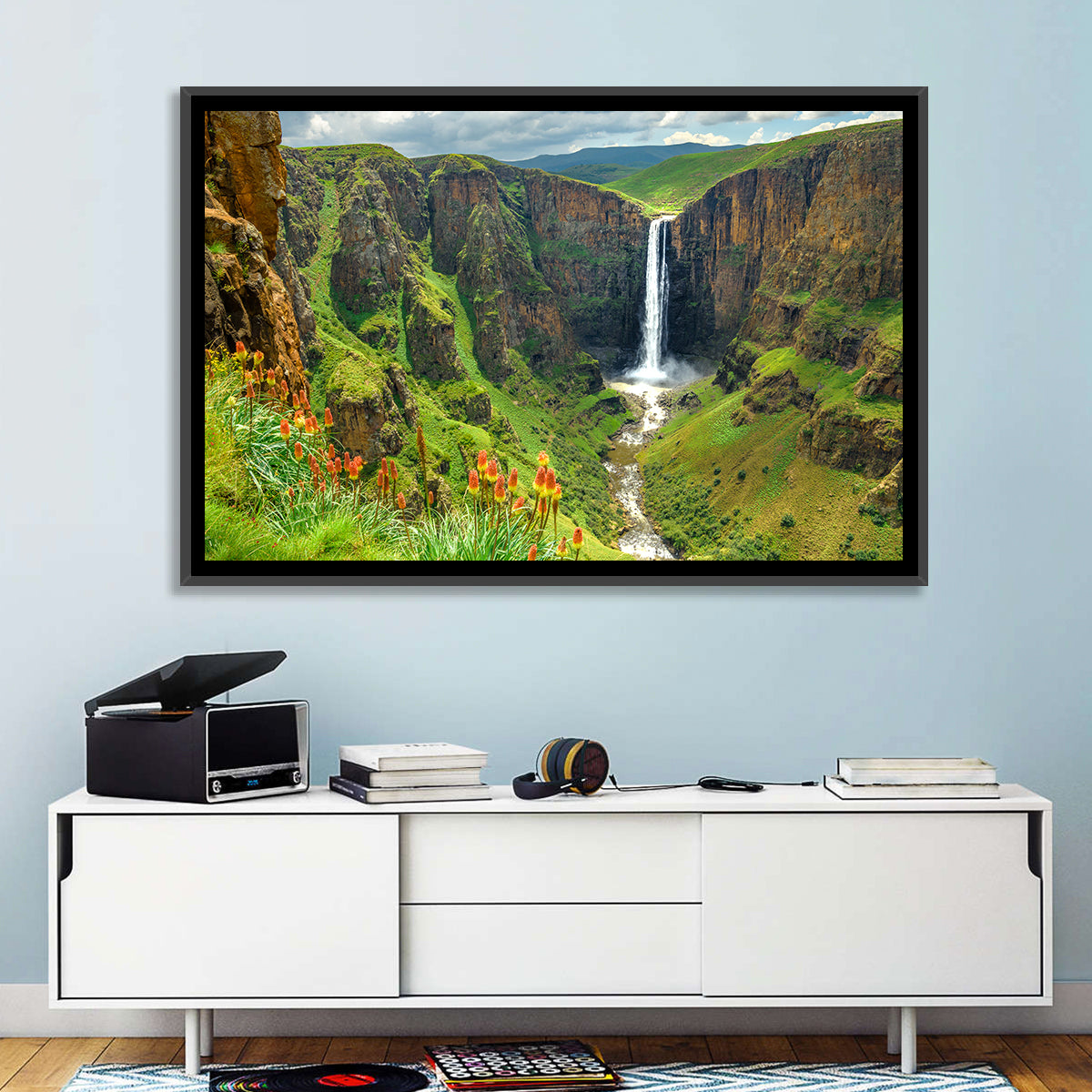Maletsunyane Falls with Torch Lilies Wall Art in a room, landscape