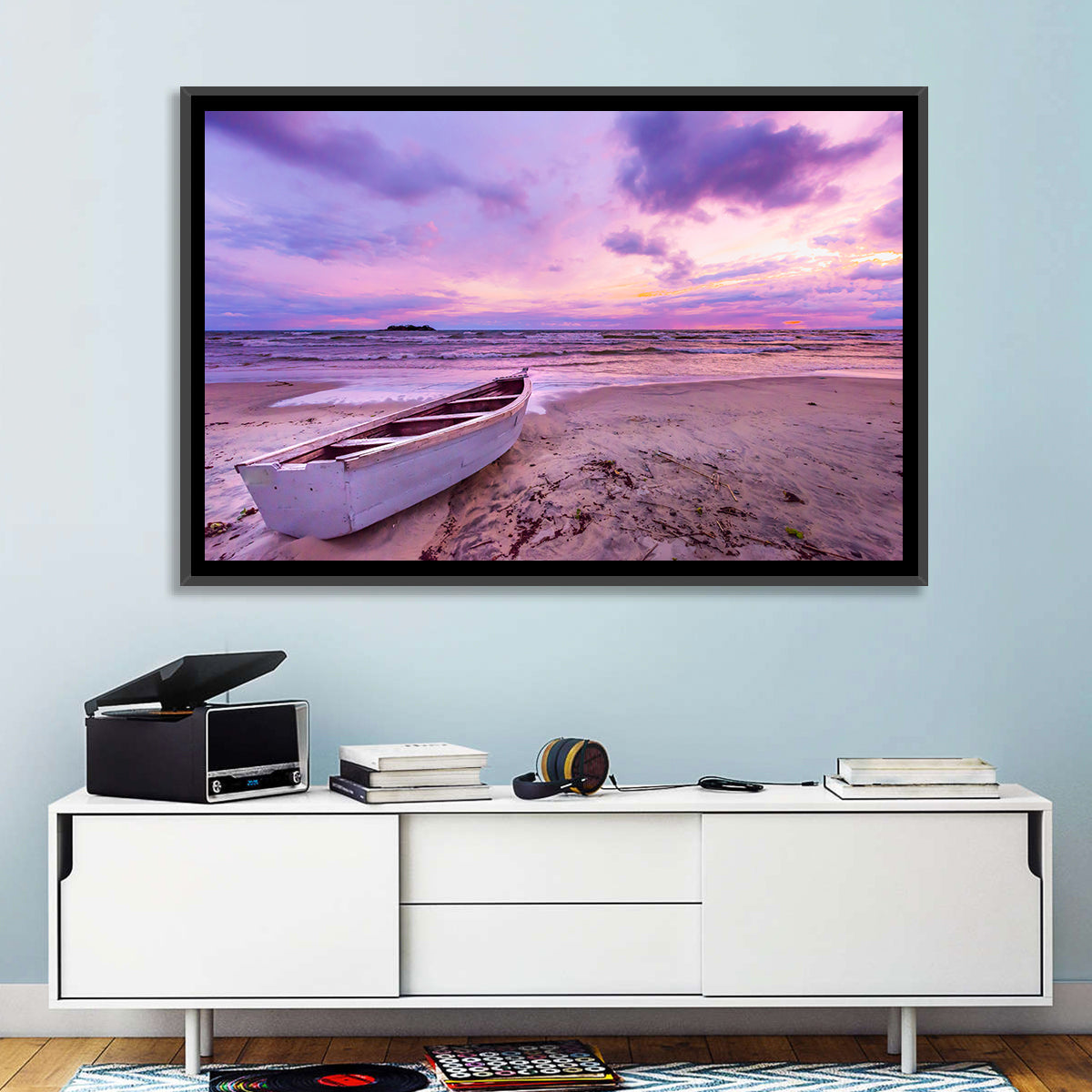 Boat at Lake Malawi Sunset Wall Art in a room, landscape