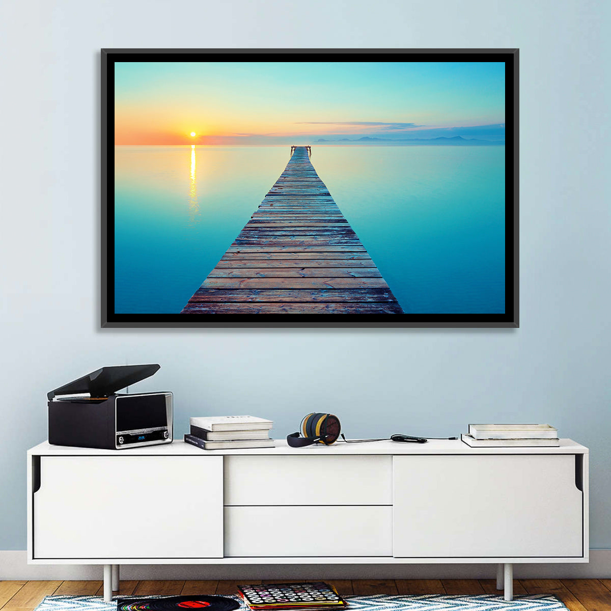 Wooden Footbridge at Sunset Wall Art in a room, landscape