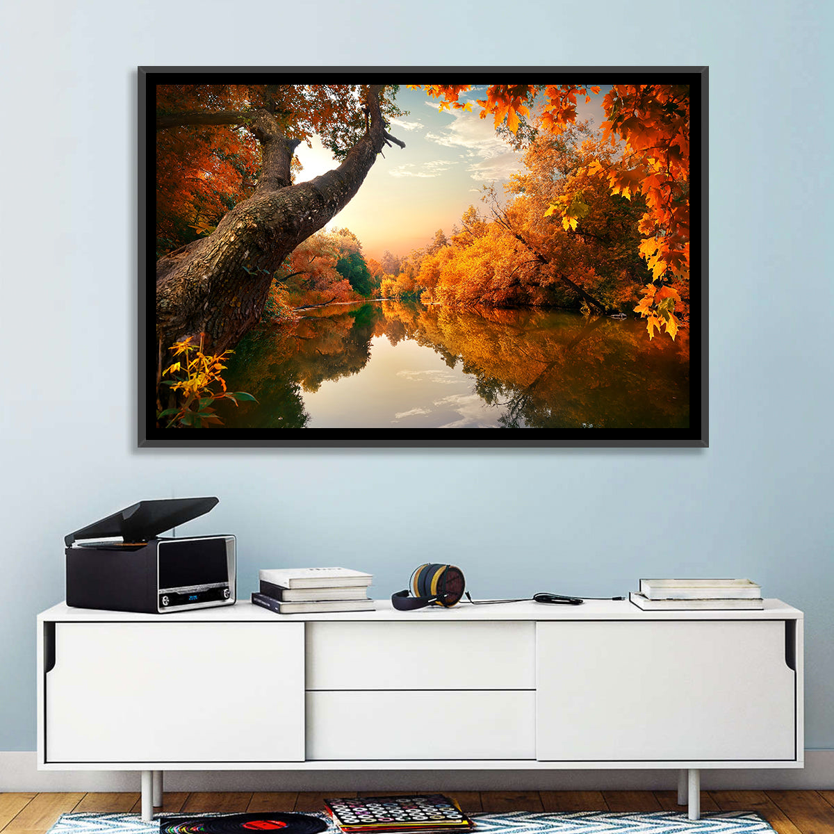 Golden Autumn River Reflections Wall Art in a room, landscape