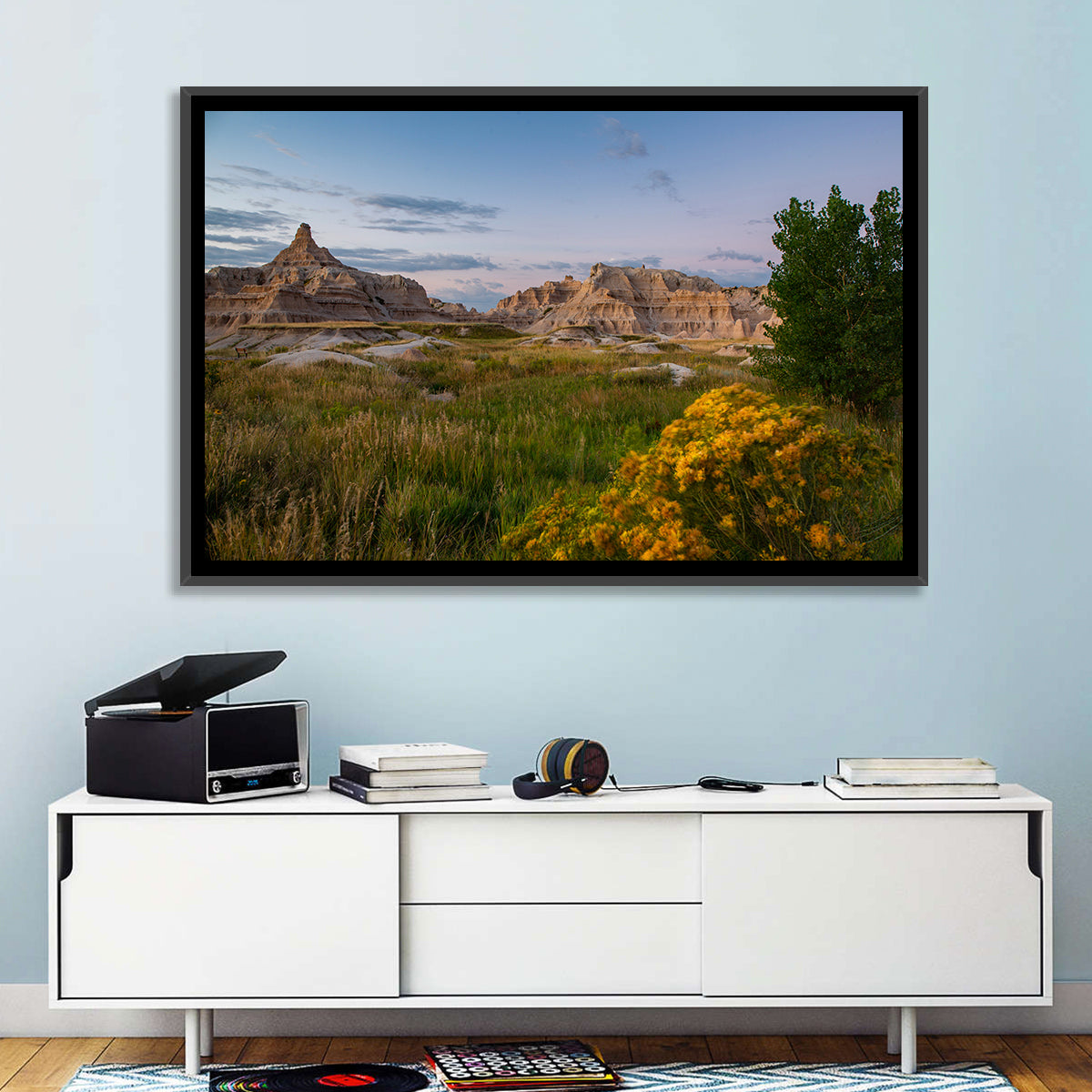 Badlands Golden Hour Meadow Wall Art in a room, landscape