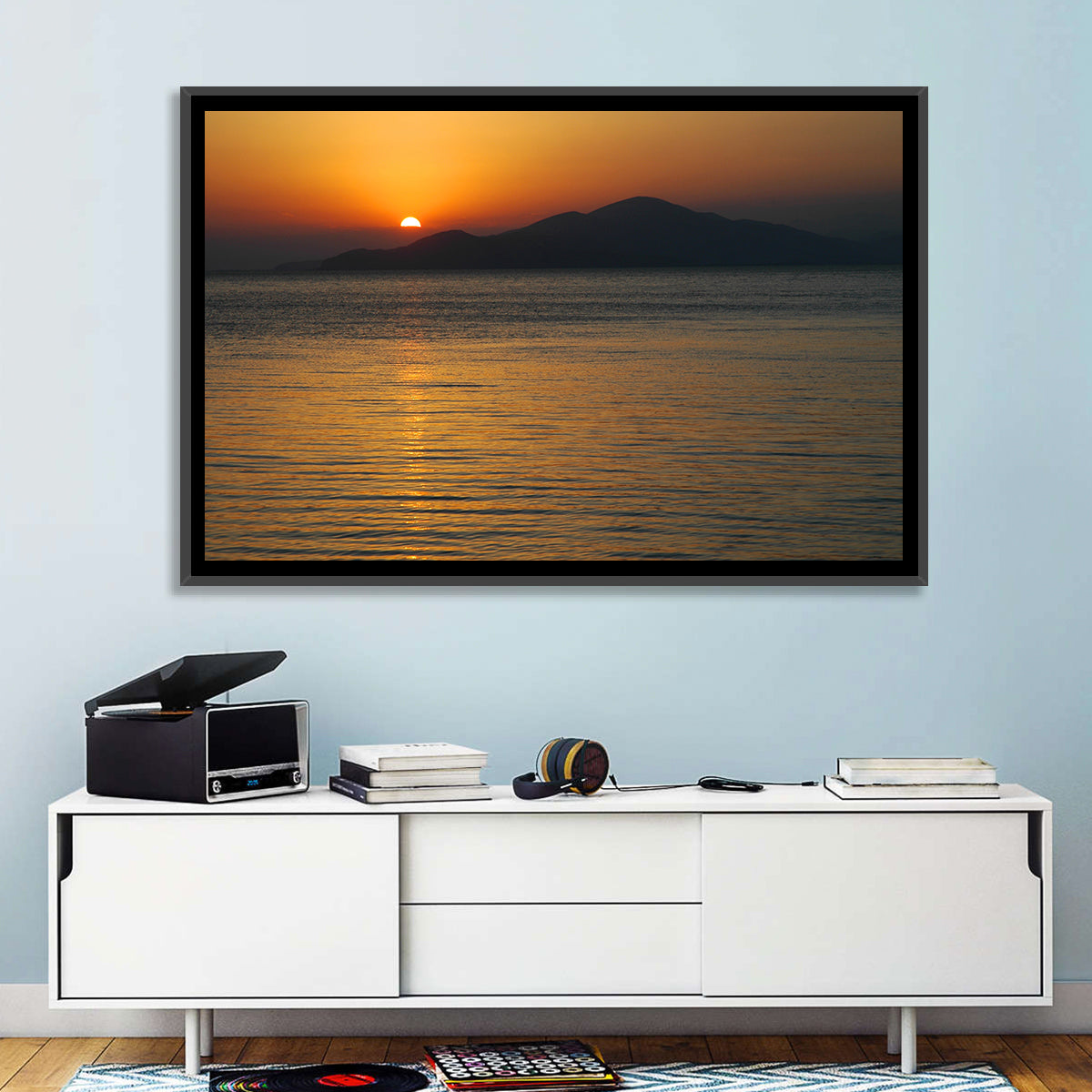 Lake Sevan Sunset Reflection Wall Art in a room, landscape