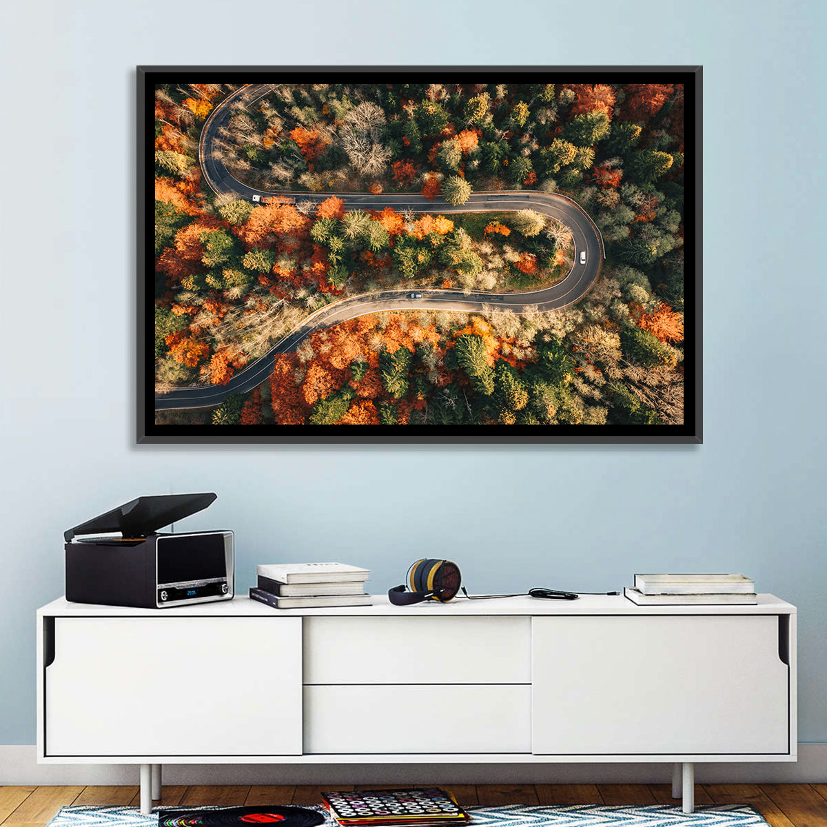 Aerial Winding Autumn Forest Road Wall Art in a room, landscape