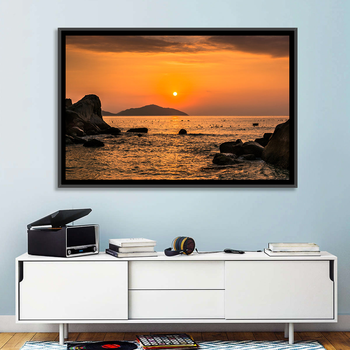 Orange Sunrise Over Rocky Coast Wall Art