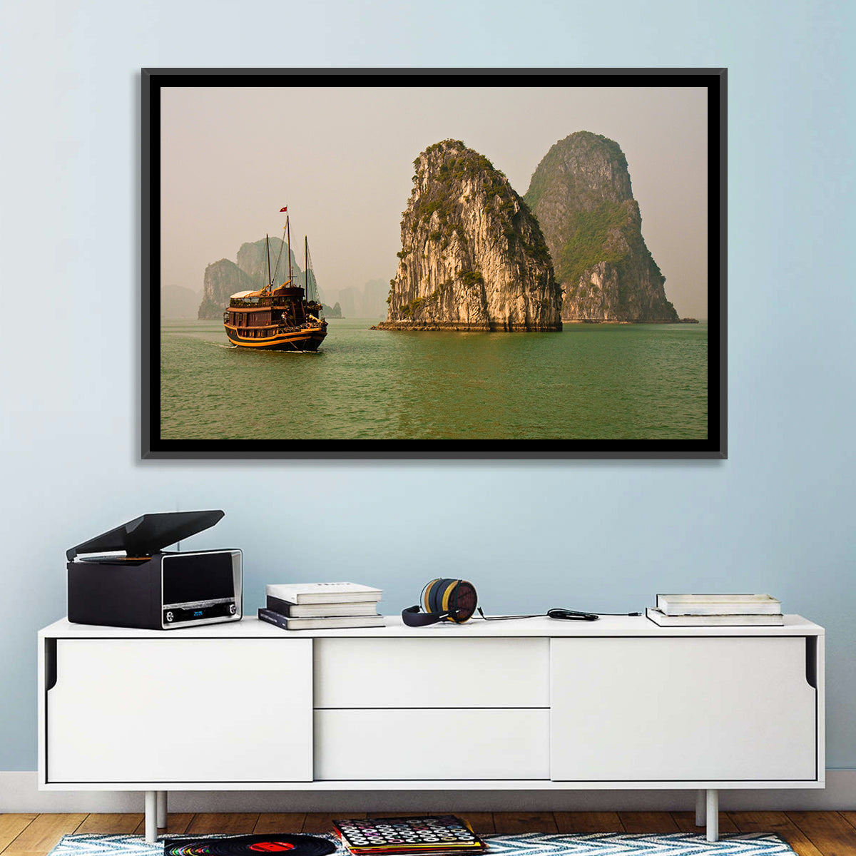 Ha Long Bay Junk Boat and Karst Cliffs Wall Art in a room, landscape