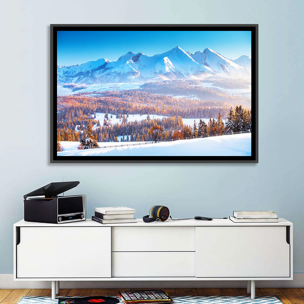 Snowy Mountain Peaks at Sunrise Wall Art in a room, landscape